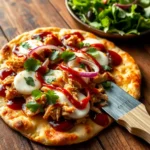 A freshly baked healthy BBQ chicken flatbread with grilled chicken, melted mozzarella, red onions, and cilantro on a wooden table.