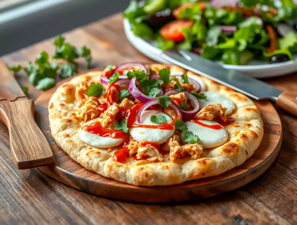 A freshly baked BBQ chicken flatbread with a crispy whole wheat crust, topped with grilled chicken, melted mozzarella, red onions, and fresh cilantro, served on a rustic wooden surface.
