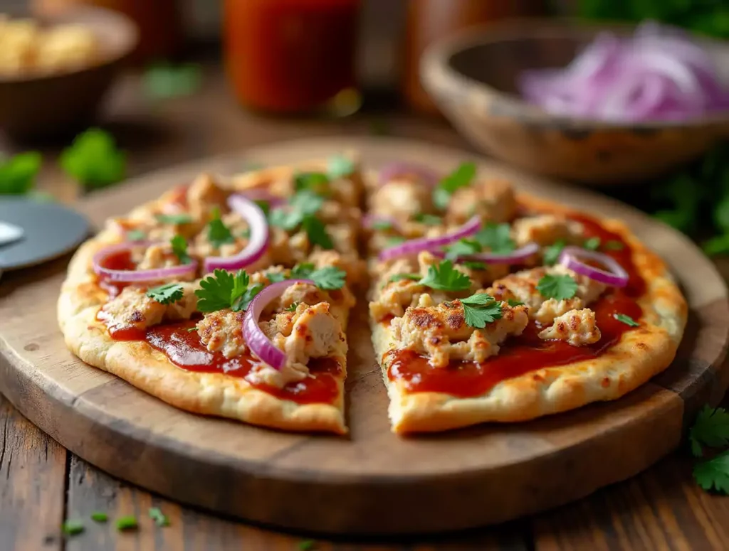 A freshly baked healthy BBQ chicken flatbread with crispy edges, melted cheese, shredded grilled chicken, red onions, and cilantro, served on a wooden cutting board.