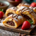 Golden, flaky Nutella puff pastry desserts dusted with powdered sugar and served with fresh strawberries and a bowl of Nutella.