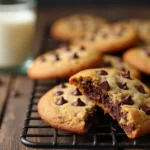 A batch of homemade Subway-style cookies with a soft, chewy texture, featuring chocolate chip, white chocolate macadamia, and double chocolate flavors, served on a wooden surface with a glass of milk.