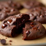 Freshly baked double chunk chocolate cookies with melted chocolate chunks and chips, with one cookie broken in half to reveal a soft, gooey center.