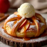 A golden, flaky apple puff pastry with caramelized apple slices, dusted with powdered sugar, and drizzled with caramel sauce, served with vanilla ice cream.
