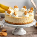 A creamy no-bake banana pudding cheesecake on a cake stand, decorated with whipped cream, banana slices, and vanilla wafers. The dessert has a golden wafer crust and a smooth banana filling.