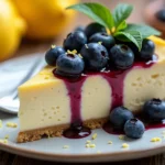 A creamy and smooth lemon blueberry cheesecake with a golden almond flour crust, topped with fresh blueberries and lemon zest, served on a white plate with a drizzle of blueberry sauce.