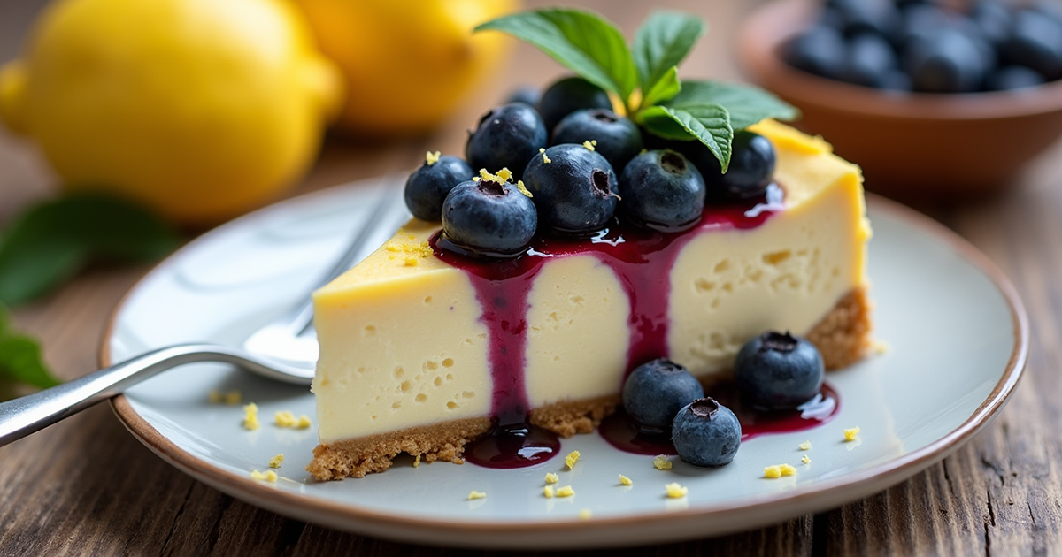 A creamy and smooth lemon blueberry cheesecake with a golden almond flour crust, topped with fresh blueberries and lemon zest, served on a white plate with a drizzle of blueberry sauce.