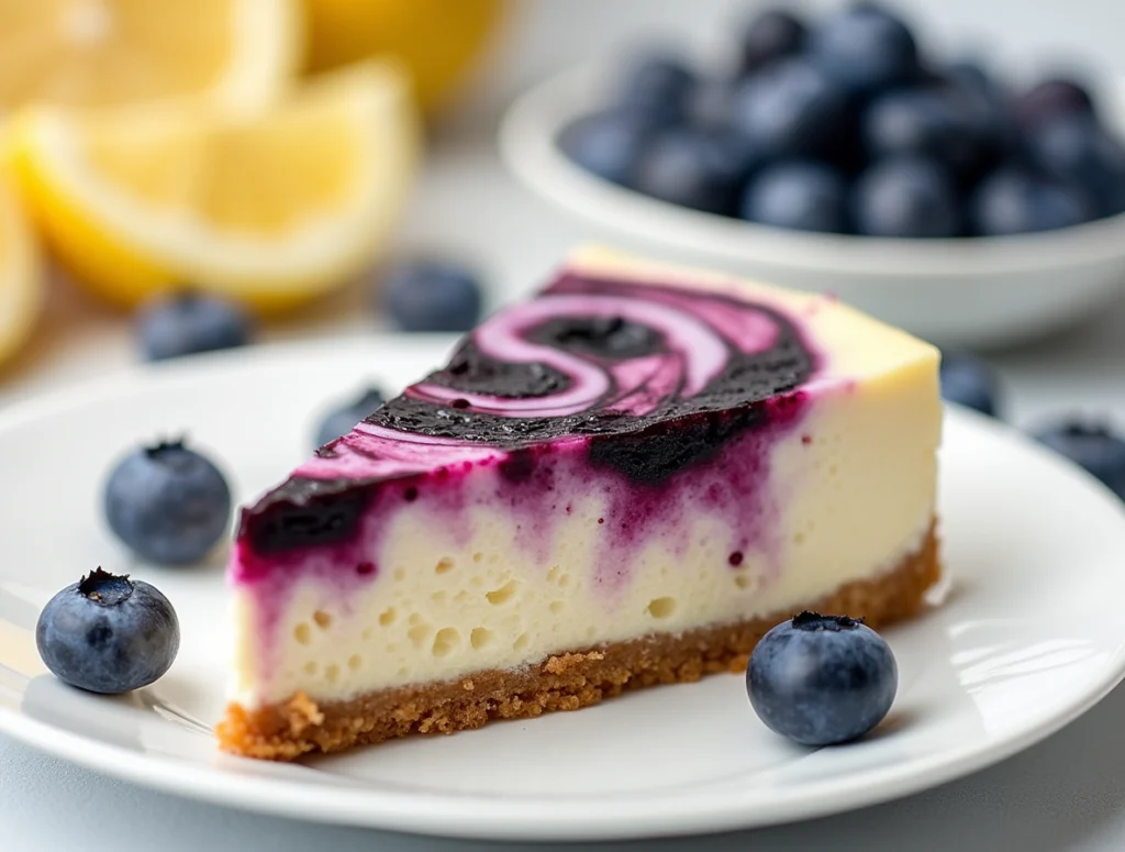  A creamy slice of lemon blueberry cheesecake with a golden graham cracker crust, swirls of blueberry compote, and fresh blueberries on a white plate.