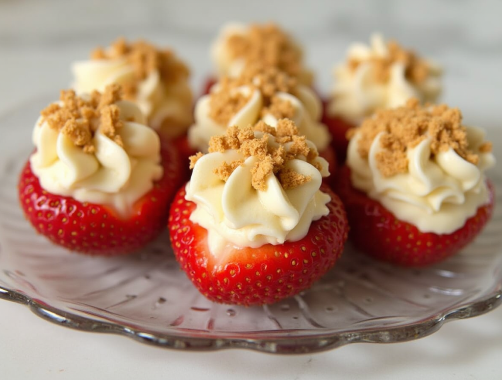 A plate of fresh strawberries filled with creamy cheesecake filling, topped with crushed graham crackers for a sweet and crunchy finish.