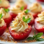 Fresh strawberries stuffed with a creamy cheesecake filling, topped with graham cracker crumbs, and served on a white plate for a delicious no-bake dessert.