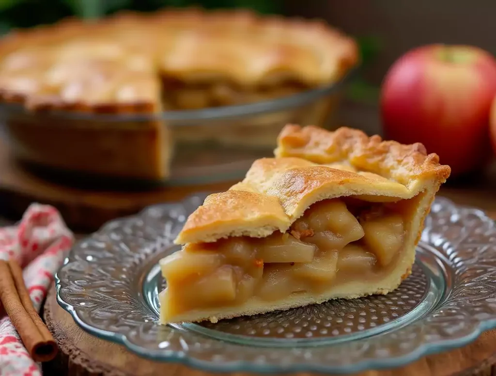 A slice of sugar-free apple pie with a golden, flaky crust and thick cinnamon-spiced apple filling, served on a glass plate with the full pie in the background.