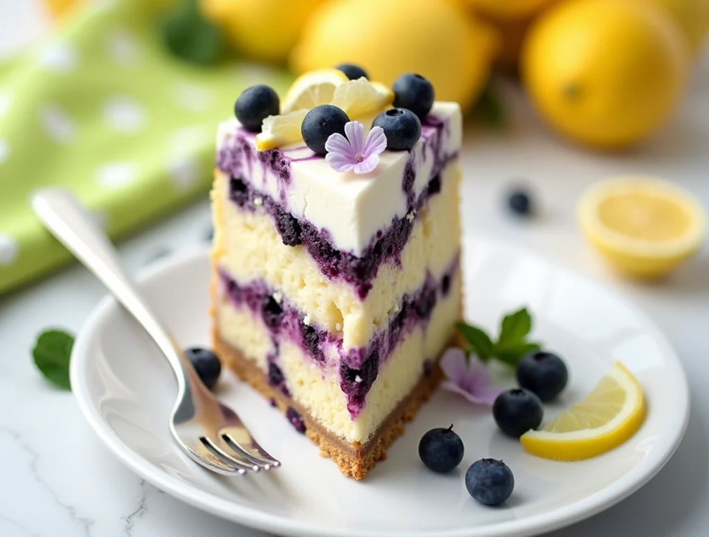 A slice of lemon blueberry cheesecake with layers of fluffy lemon cake, creamy blueberry cheesecake filling, and smooth white frosting, topped with fresh blueberries, lemon slice, and edible flowers.