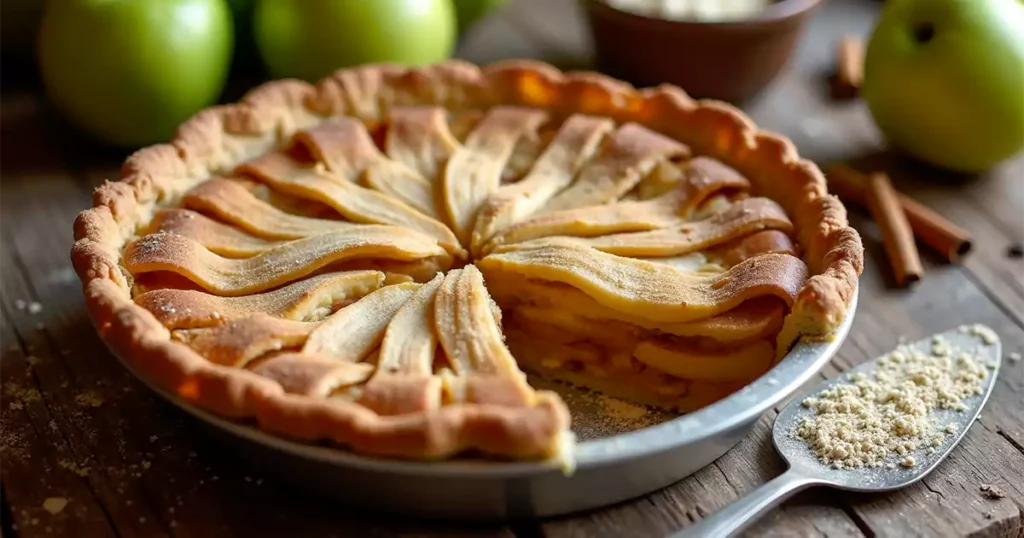 A golden, flaky sugar-free apple pie with warm cinnamon-spiced apple filling, served on a rustic wooden table with fresh apples, a pie server, and cinnamon sticks in the background.