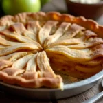 A golden, flaky sugar-free apple pie with warm cinnamon-spiced apple filling, served on a rustic wooden table with fresh apples, a pie server, and cinnamon sticks in the background.