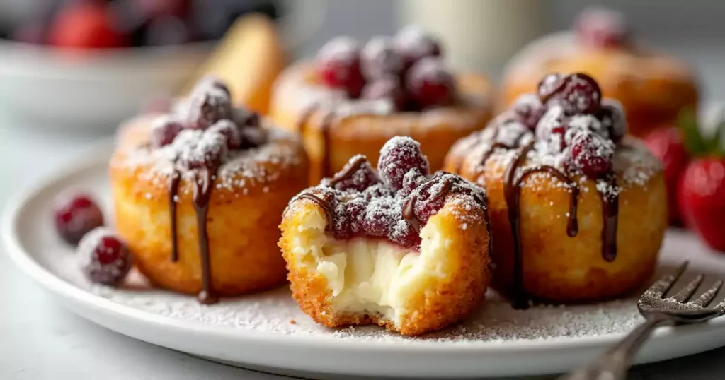 Fried cheesecake slice with crispy golden crust, creamy interior, powdered sugar, fresh berries