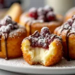 Fried cheesecake slice with crispy golden crust, creamy interior, powdered sugar, fresh berries