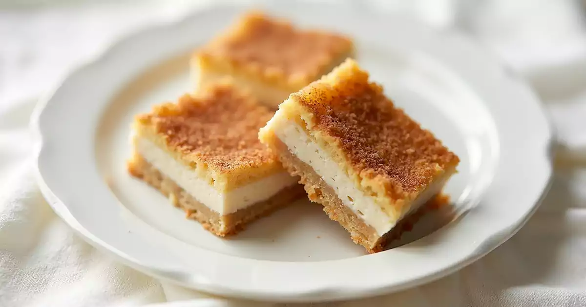 Sopapilla cheesecake slice with cinnamon-sugar crust, creamy filling, honey drizzle, and powdered sugar on a white plate