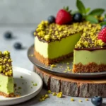 Delicious pistachio cheesecake with a smooth, creamy pistachio filling, graham cracker crust, topped with crushed pistachios and fresh fruit