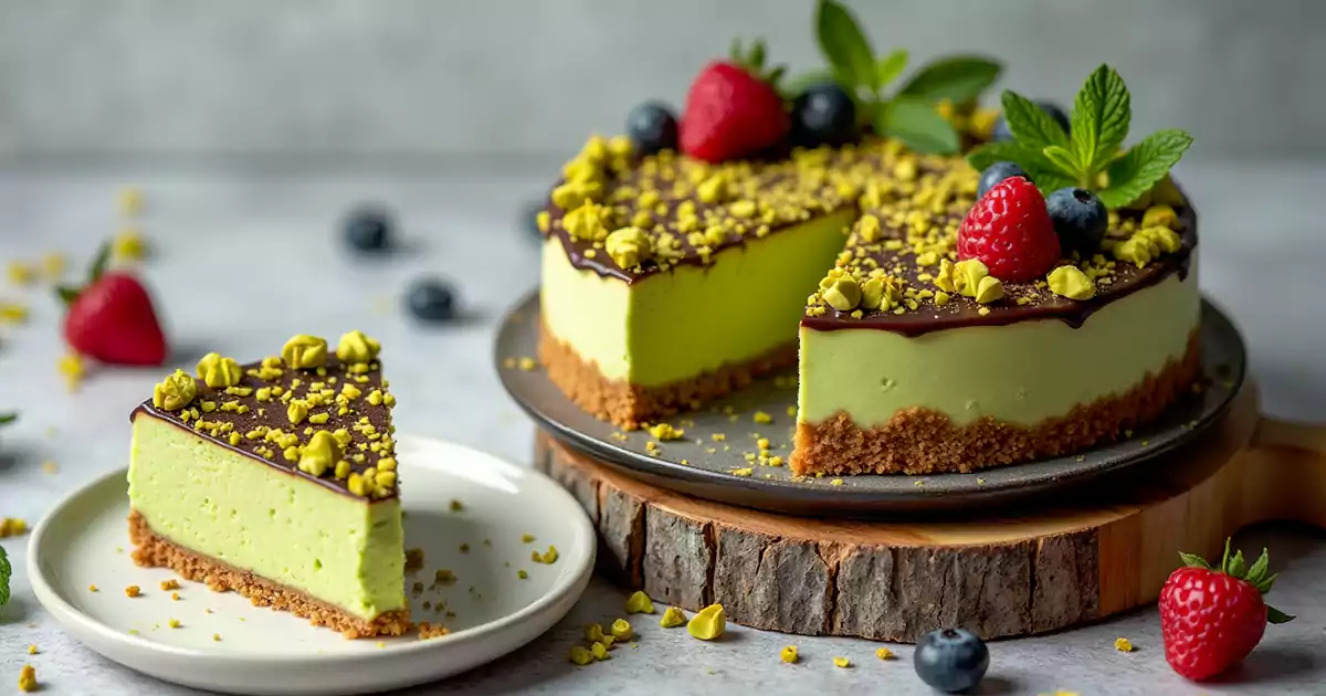 Delicious pistachio cheesecake with a smooth, creamy pistachio filling, graham cracker crust, topped with crushed pistachios and fresh fruit