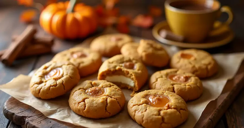 Pumpkin cheesecake cookies with a creamy center, served on a wooden board surrounded by fall decor, including small pumpkins and cinnamon sticks.