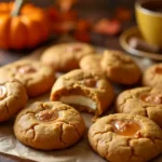 Pumpkin cheesecake cookies with a creamy center, served on a wooden board surrounded by fall decor, including small pumpkins and cinnamon sticks.