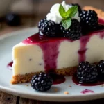 A slice of homemade blackberry cheesecake with graham cracker crust, fresh blackberries, blackberry sauce drizzle, and whipped cream garnished with mint leaves on a rustic wooden surface.