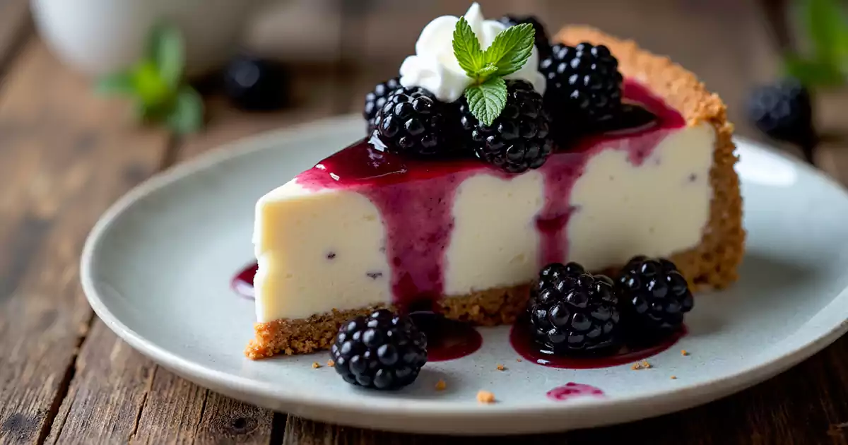 A slice of homemade blackberry cheesecake with graham cracker crust, fresh blackberries, blackberry sauce drizzle, and whipped cream garnished with mint leaves on a rustic wooden surface.