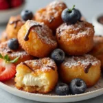 Fried cheesecake slice with crispy golden crust, creamy interior, powdered sugar, fresh berries, and chocolate sauce drizzle