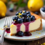 A delicious and creamy healthy lemon blueberry cheesecake with a golden almond flour crust, fresh blueberries, and a drizzle of blueberry sauce on a rustic wooden table.