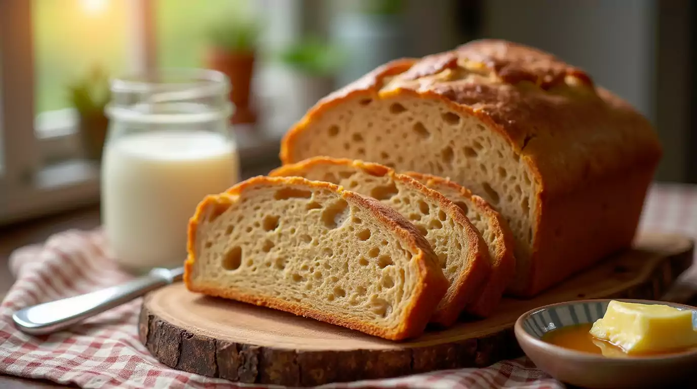 Freshly baked honey wheat bread with a golden crust, partially sliced on a wooden cutting board, with a dish of honey and butter beside it.