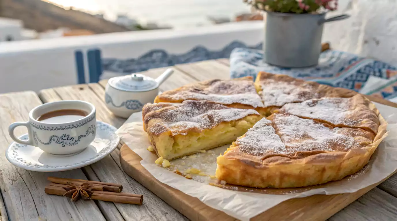 Authentic Greek Bougatsa pastry with crispy golden phyllo and creamy custard filling, dusted with powdered sugar, served on a rustic table.