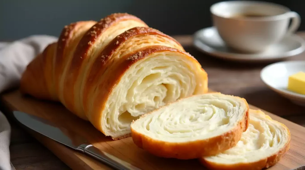 A golden-brown croissant bread loaf with visible flaky layers, served on a wooden board with butter and coffee.