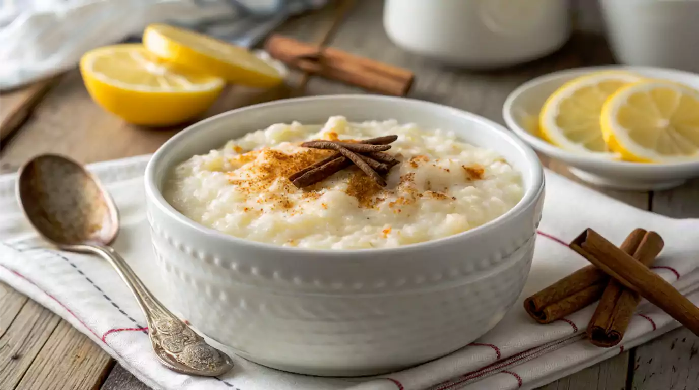 A bowl of creamy Greek Rizogalo rice pudding, garnished with cinnamon and lemon zest, served on a rustic wooden table.