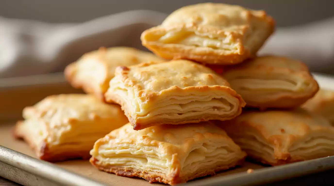 Golden, flaky gluten-free puff pastry stacked on a baking tray, showcasing its light, crispy layers with a soft, blurred background.