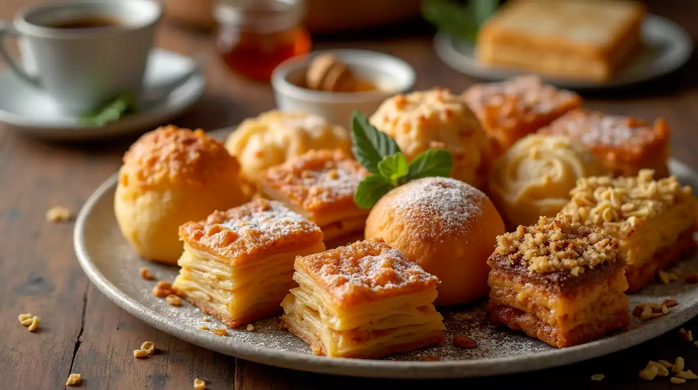 A variety of traditional Greek pastries including baklava, loukoumades, galaktoboureko, and kataifi, served with Greek coffee and honey on a rustic wooden table.