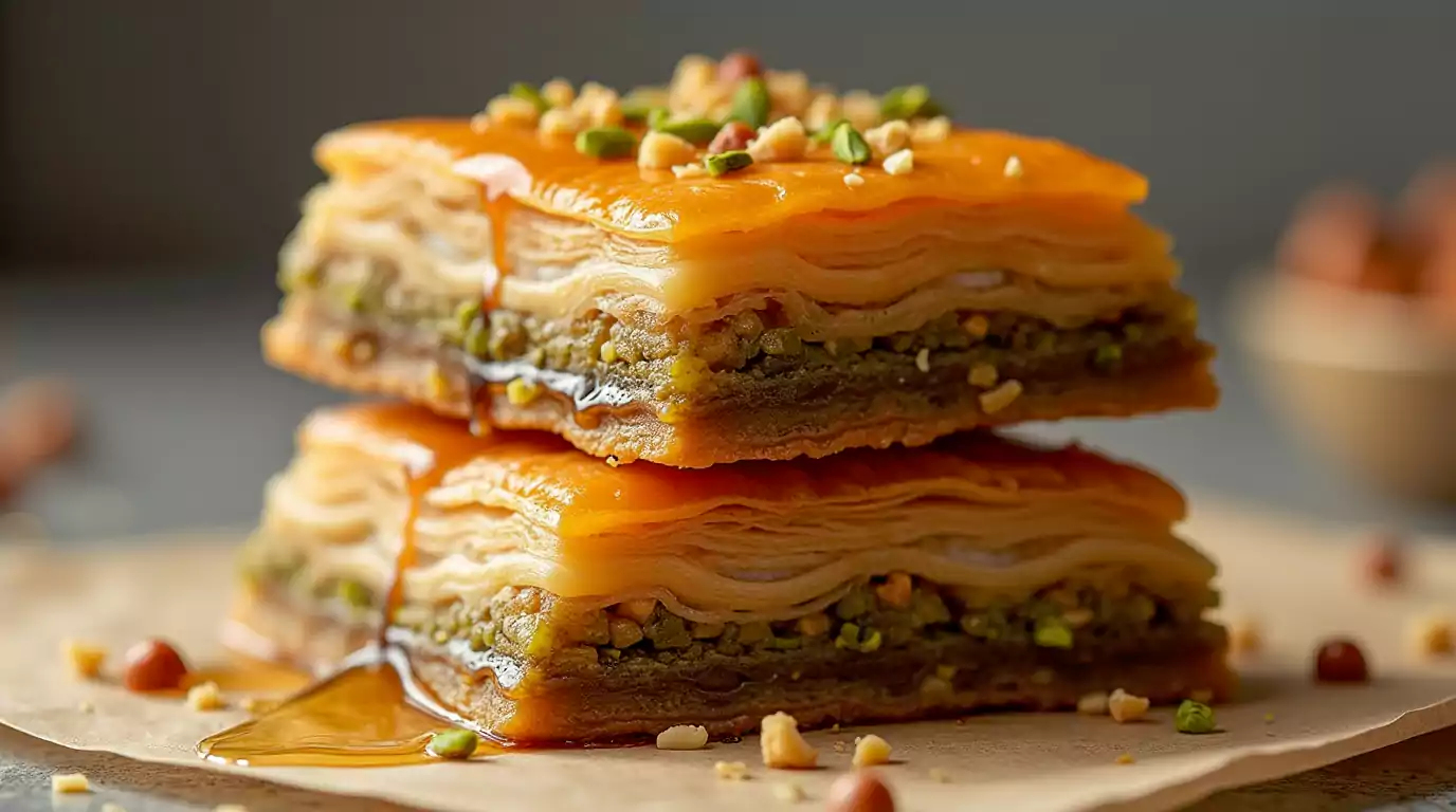 Close-up of authentic Greek baklava with golden phyllo layers, chopped nuts, and honey syrup glaze