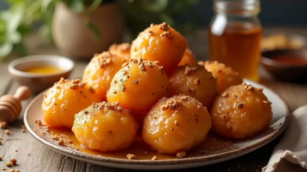 A plate of golden brown Loukoumades drizzled with honey, sprinkled with cinnamon and crushed walnuts, served on a rustic wooden table with a honey dipper.