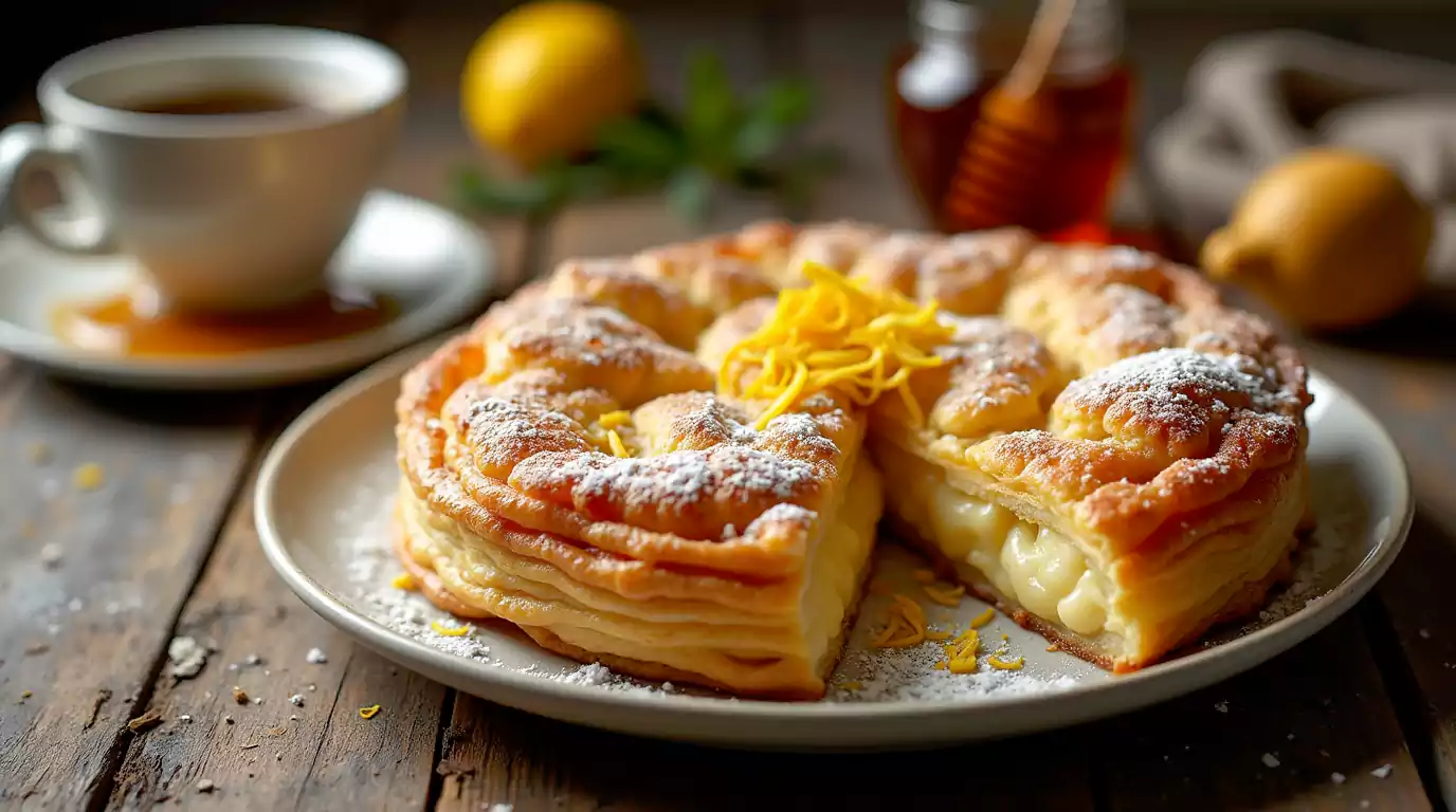 A golden, flaky Galaktoboureko dessert with syrup-soaked phyllo layers and creamy semolina custard, served with Greek coffee and honey.