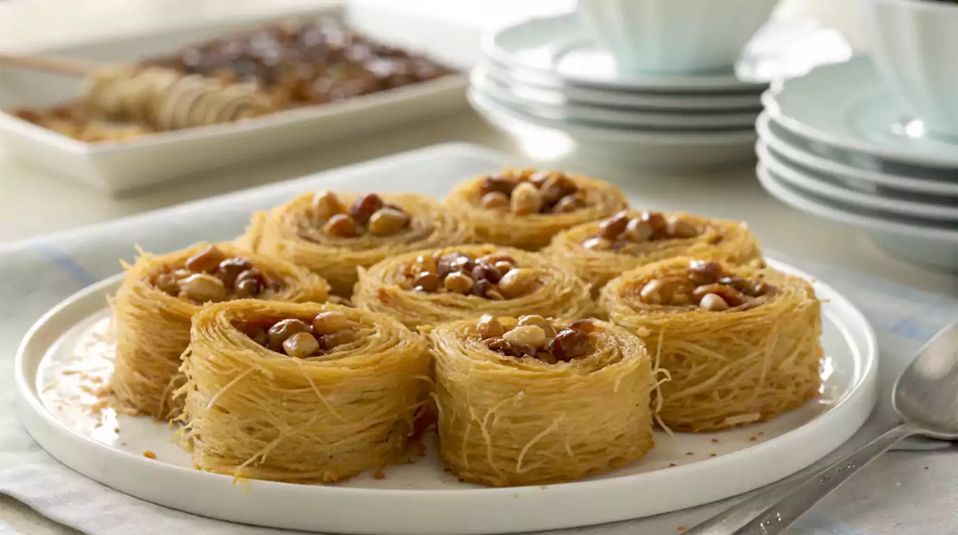 A plate of golden brown Kataifi rolls, a Greek dessert made from shredded phyllo dough, filled with nuts, and drizzled with honey syrup.