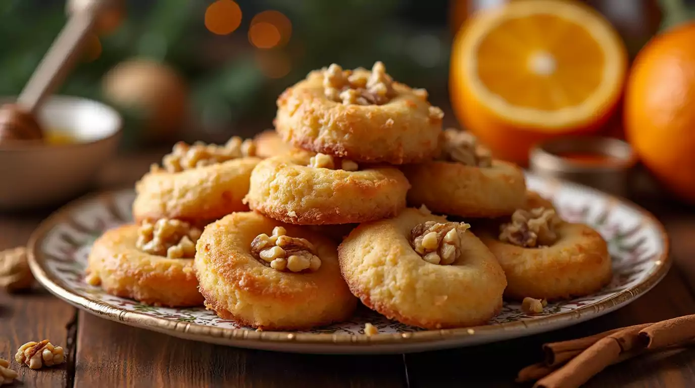 A plate of golden-brown Greek melomakarona cookies topped with walnuts and drizzled with honey syrup, served with cinnamon sticks and orange slices.