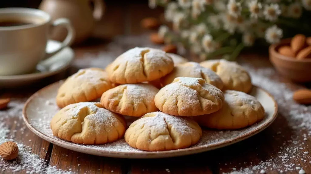 A plate of Greek Kourabiedes cookies dusted with powdered sugar, with almonds and a coffee cup beside them.