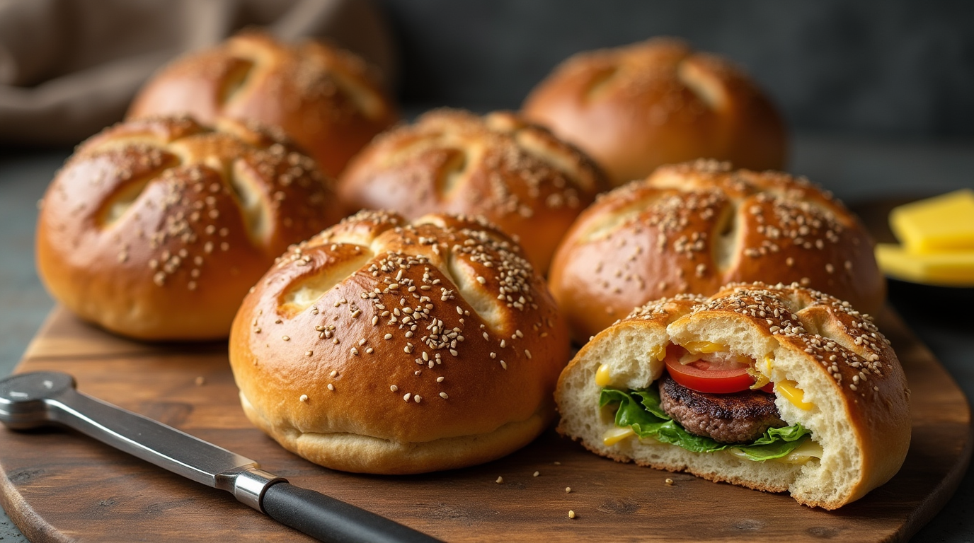 Freshly baked kaiser rolls with a golden crust, topped with sesame and poppy seeds, arranged on a wooden surface. A sliced roll reveals a soft interior with a burger inside.