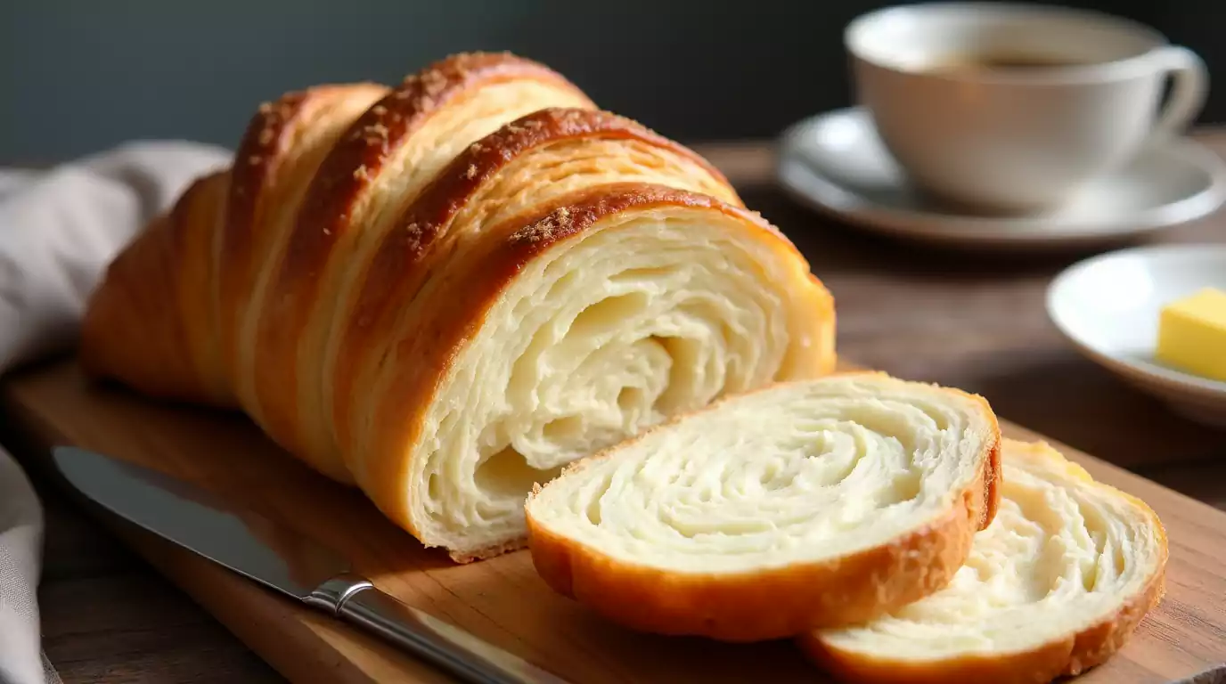A golden-brown croissant bread loaf with visible flaky layers, served on a wooden board with butter and coffee.
