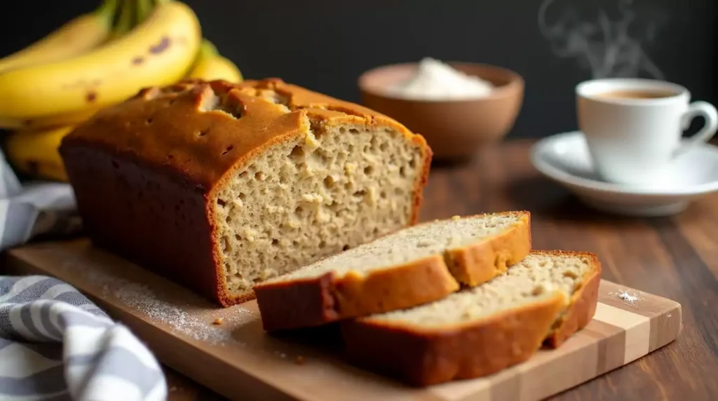 A freshly baked loaf of 4-ingredient banana bread on a wooden cutting board, with slices cut and bananas in the background.