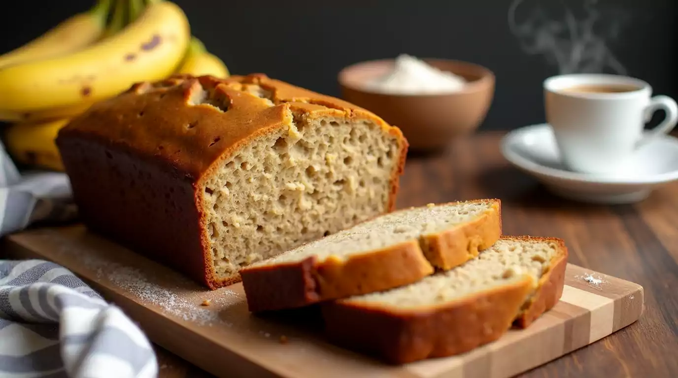 A freshly baked loaf of 4-ingredient banana bread on a wooden cutting board, with slices cut and bananas in the background.