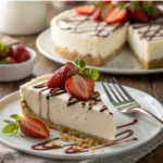 A creamy no-bake cheesecake with Cool Whip, served on a white plate with fresh strawberries and a chocolate drizzle.