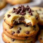 A stack of golden brown chocolate chip cheesecake cookies with a creamy cheesecake center, topped with melted chocolate chips, placed on a white plate.
