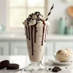 A tall glass of cookies and cream milkshake topped with whipped cream, crushed Oreo cookies, and chocolate drizzle, served with a striped straw.