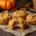 Freshly baked pumpkin cheesecake cookies with a creamy cheesecake filling on a rustic wooden table surrounded by autumn decor and a cup of spiced chai
