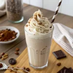 Delicious keto milkshake in a tall glass with whipped cream, cocoa powder, and crushed nuts, set on a wooden table. A perfect low-carb, creamy dessert