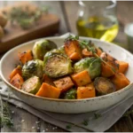A close-up of roasted Brussels sprouts and sweet potatoes on a rustic wooden table, garnished with fresh thyme and olive oil